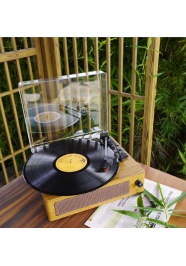 Omix Fm-108 Açık Kahverengi Hoparlörlü Bluetoothlu Pikap Plak Çalar Kahverengi