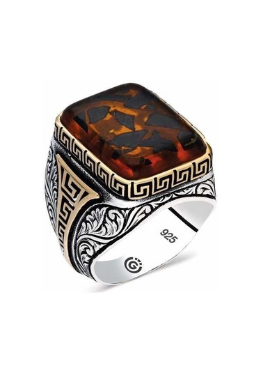 Hk Gümüş Erkek Yüzük Kahverengi Taşlı Köşeli Gümüş Takı Hediyelik Ürünler-202207 Çok Renkli