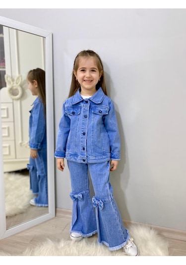 Modavals Fiyonk Detaylı İspanyol Paça Kot Pantolon & Kot Ceket & Badi Kız Çocuk Kombin Çok Renkli