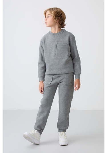 Gri Melanj Pamuklu Kalın İçi Tüylü Yumuşak Dokulu Standart Fit Baskılı Erkek Çocuk Eşofman Takım - 11257 Gri Melanj