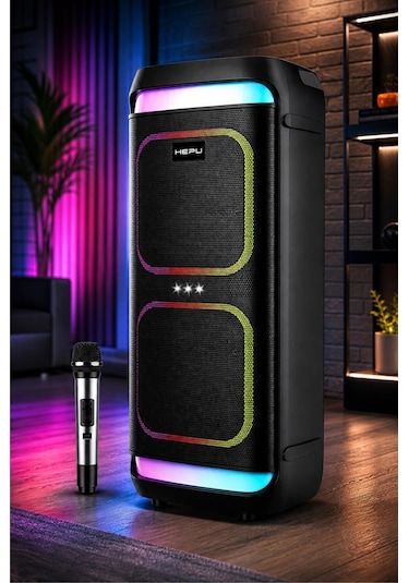 Hepu Hp-986 24w Taşınabilir Partybox Hoparlör - Çift 8" Speaker Işıklı, Mikrofonlu, Tws Destekli Ses