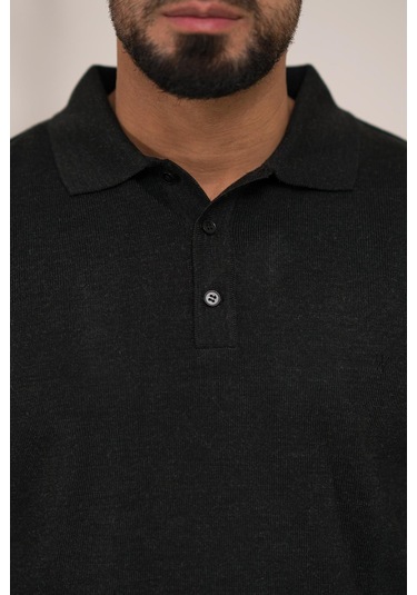 Woolen World Polo Yaka Düz Renk Yünlü Erkek Triko Kazak Antrasit