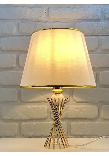 Gold Kaplama Burgu Metal Gold Damarlı Toplu Gold Şeritli Abajur Altın - Beyaz