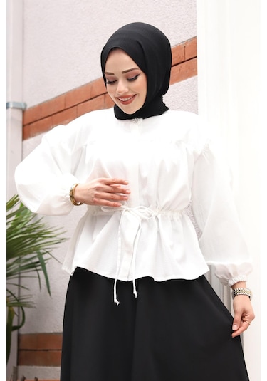 Bronş Detaylı Tesettür Beyaz Takım Beyaz