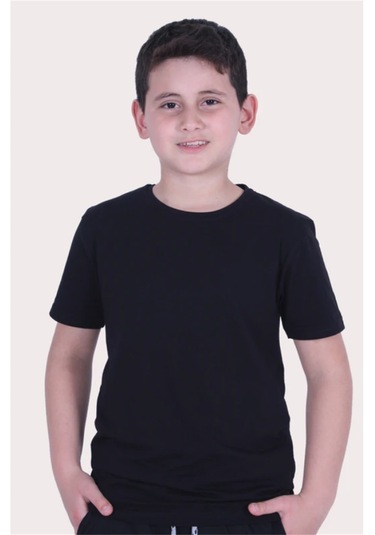 Basic Bisiklet Yaka %100 Pamuk Likralı Düz Unisex Çocuk T-shirt SIYAH