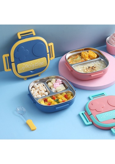 Moveevo Mavi 3 Bölmeli Çocukluk Çelik Yemek Kutusu, Kaşık Ve Tabaklı Pratik Mutfak Seti - Ev Kullanıma Uygun, Dayanıklı Ve Kolay Kullanım MAvi