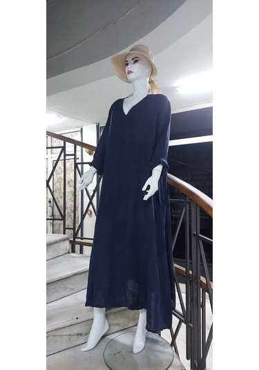 İtalyan V Yaka Uzun Kol Keten Elbise-8907 Lacivert
