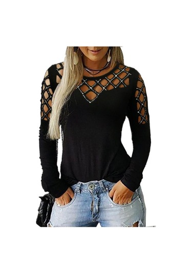 Gmxıa Kadın Modası Rahat Yazlık Hollow Iron Matkap Düz Renk Baskı Uzun Kollu O-yaka Bol Bluzlar Ve Gömlekler Siyah