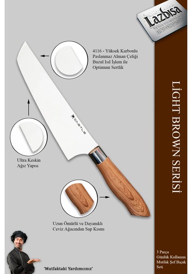 Light Brown Serisi Mutfak Bıçak Et Sebze 3 Lü Şef Bıçağı Mft-749 Kahverengi