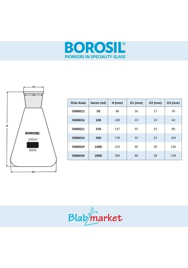 Borosil Cam Erlen Şilifli Erlenmeyer Flask 50 ML