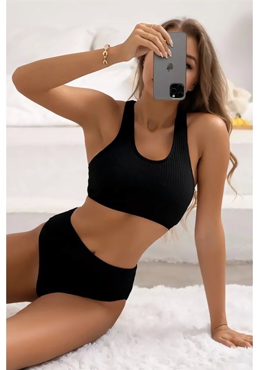 Kadın Siyah Çapraz Sırt Detaylı Iç Çamaşır Takımı Siyah