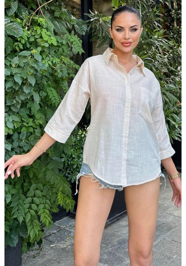 Kadın Bej Truvakar Kol, Oval Kesim, Terletmez, Flamlı Keten Salaş Gömlek Taş