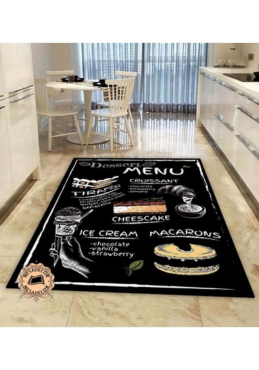 Menu Desenli Dekoratif Halı Makinede Yıkanabilir Yolluk Siyah