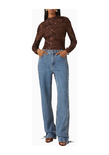 Rotate Birger Christensen Çiçek Aplikeli Fitted Mesh Kadın Üst, Şık Ve Romantik Bluz Kahverengi