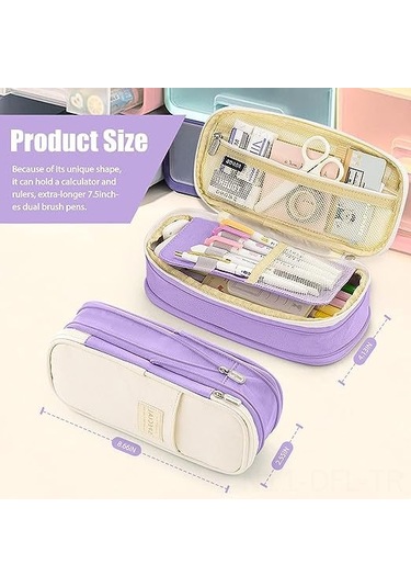 Dofolink Renkli Çanta: Geniş Kapasiteli 3 Bölmeli Gergin Askılıklı Kanvas Kalem Çantası, 50-60 Kalem Saklar, Seyahat/makeup/teknik Çantası Olarak Kullanılabilir - Mor/krem Çok Renkli