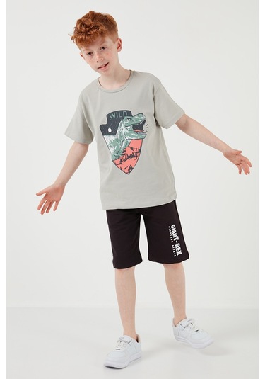 Lela Pamuklu Regular Fit Bisiklet Yaka Şortlu Alt-Üst Erkek Çocuk Takım 6212018 Gri