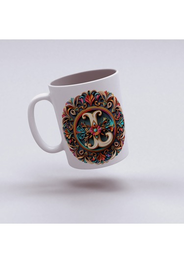 L Harfi Boho Bardak, Renkli Özel Tasarım Hediyelik Harfli Kupa, 330ml Porselen Beyaz