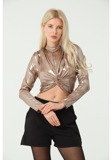 S'amore Clothing Asimetrik Crop Bluz Metalik Metalik Gold