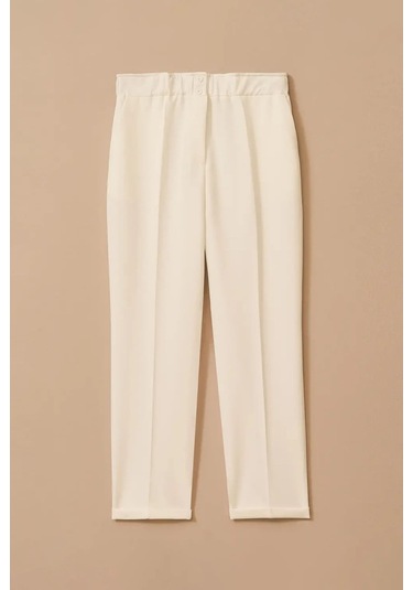 Kadın Büyük Beden Beli Büzgülü Duble Paça Pantolon - Ekru Ekru
