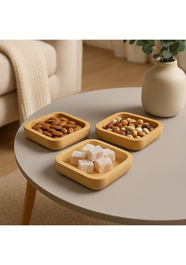 Mucit Home Bambu 3'lü Kare Çerezlik Reçellik Lokumluk Kahverengi