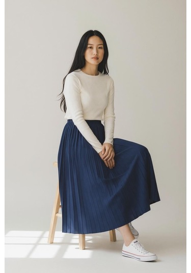 Pileli Pamuklu Dokuma Viskon Kışlık Etek 95 Cm - 38-48 Lacivert