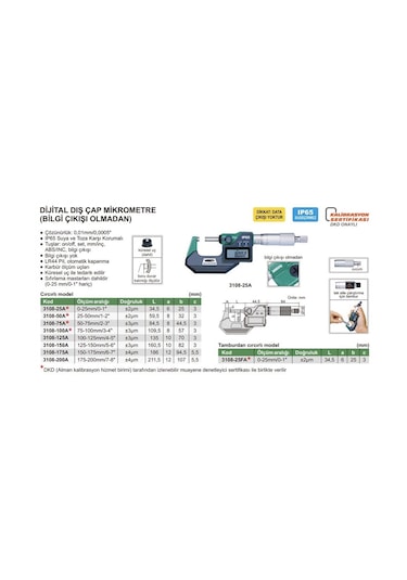 Insize 3108-50A Dijital Dış Çap Mikrometre (Bilgi Çıkışı Olmadan)