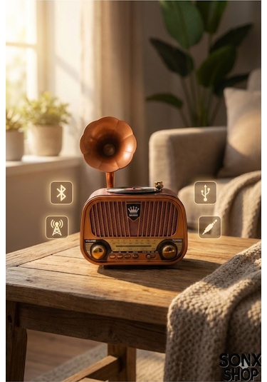 Gramofon Tasarımlı Nostaljik Bluetooth Radyo Hoparlör Müzik Çalar
