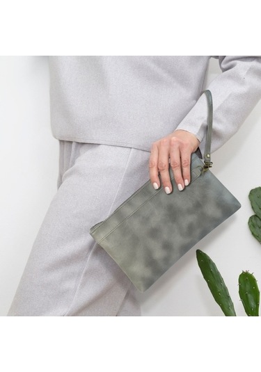 Shidai888 Retro Deri Debriyaj Fermuarlı Zarf Çanta Gri