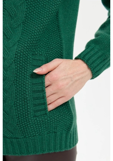 Desen Triko Kadın Dik Yaka Dikişsiz Önü Saç Örgülü Yün Hırka 24268 Ö. Başı Ö. Başı Yeşil