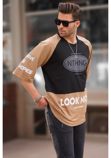 Madmext Siyah Bisiklet Yaka Renk Bloklu Baskılı Erkek Tişört 7027-siyah Siyah