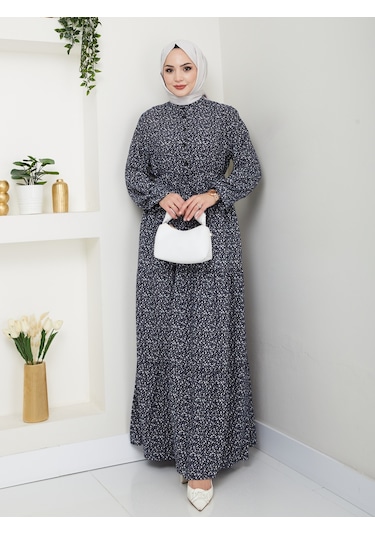 Düğme Detaylı Çiçekli Viskon Elbise - Lacivert / E0123 Lacivert