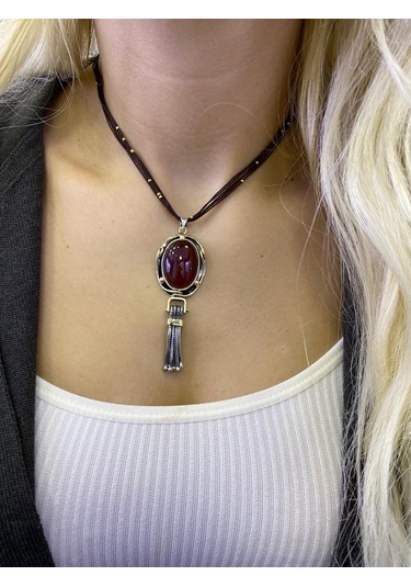 Kahverengi Akik Taşlı Gümüş Kolye 925 Ayar 512655438