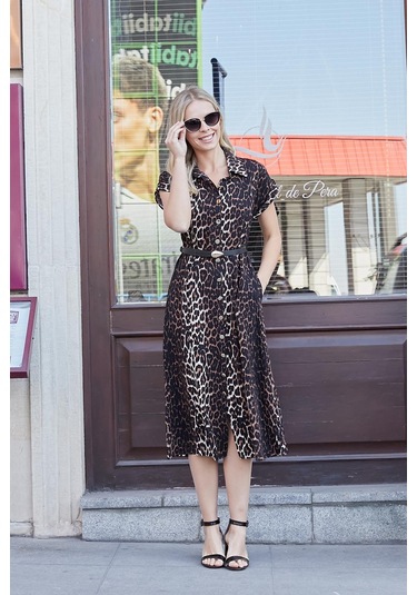 Kadın Desenli Yakalı Düşük Omuzlu Duble Kol Kemerli Midi Boy Elbise Deri Kemer Dahil -leopar Leopar