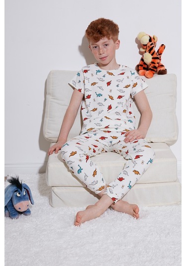 Lela Desenli % 100 Pamuk Bisiklet Yaka Erkek Çocuk Pijama Takımı 6651001 Ekru-Kırmızı