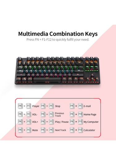 87 Tuşlu Mekanik Klavye Kablolu Klavye Rgb Arkadan Aydınlatmalı Klavye Mavi Anahtar/ 26 Tuşlu Rollover/ Multimedya Kombinasyon Tuşları Siyah