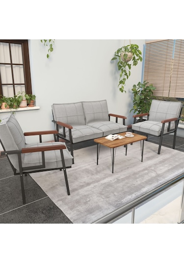 Mygusi Modern Balkon, Bahçe, Cafe - Metal Kanepe Koltuk Takımı - 2+1+1 Sehbalı Açikgri