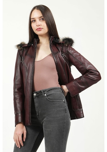Dericlub Yb-2096 Kapşonlu Gerçek Deri Kadın Kaban