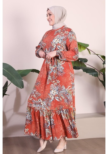 Kadin Büyük Beden Elbise Palmiye Desenli Viskon Elbise 001