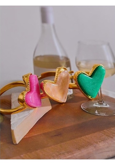 Novahub Rose Şeker Tatlı Y2k Doğal Taş Paslanmaz Çelik Kalp Aşk Açık Halka Ayarlanabilir Gerçek Altın Kaplama Kadınlar İçin Rose Gold Takı Rose Gold