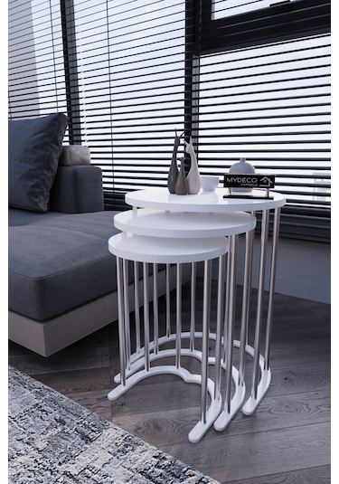 3' Lü Zigon Sehpa Gümüş Ayak Beyaz 18 Mm Mdf Gümüş