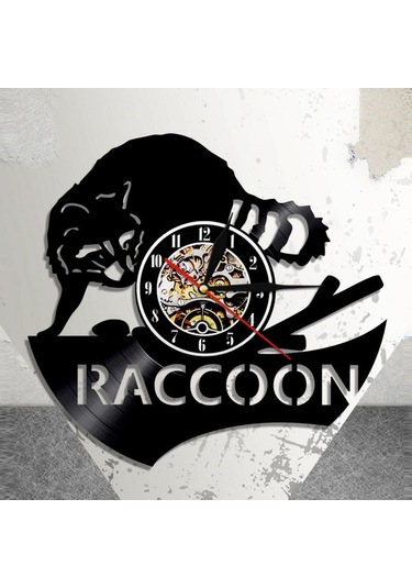 Primepickings Müzik Vinil Kayıt Duvar Saati - Rakun Vinil Duvar Saati - Vinil Saat - Oturma Odası Duvar Deko A