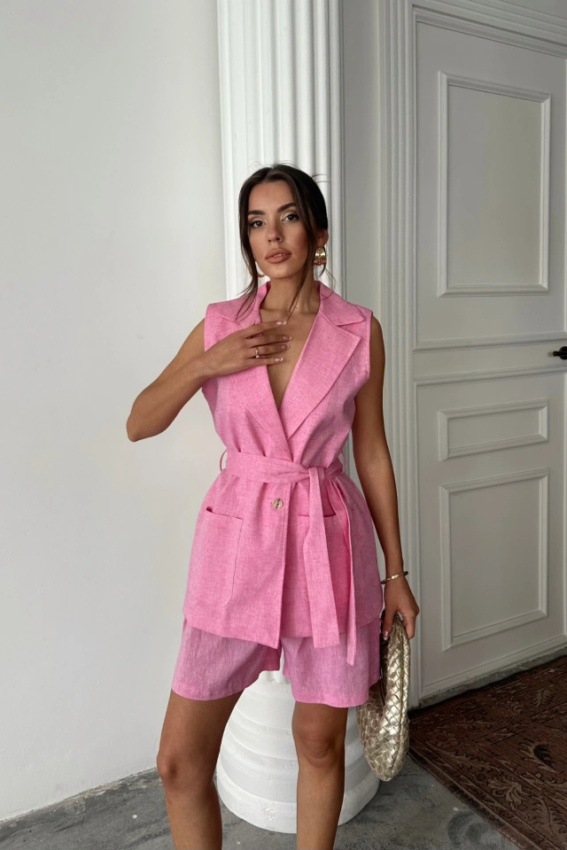 S-pazarım Keten Yelek - Şort Takım - Pembe Pembe