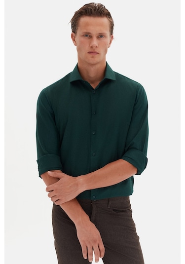 D'S Damat Ds Damat Slim Fit Koyu Yeşil Italyan Yaka Armürlü Uzun Kollu Kolay Ütülenebilir Nefes Alan Dört Mevs 2HF02ORT3185 Yeşil