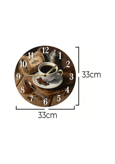 Zamanın Klasik Lezzeti Kahve Temalı Sessiz Yuvarlak Ahşap Duvar Saati, Kuvars Coffe 2d Sdw2012 Renkli