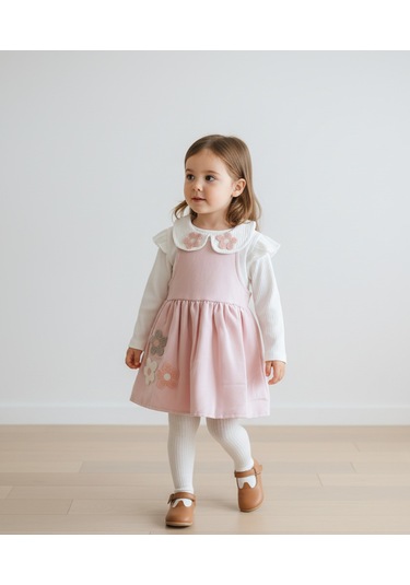 Papatya Nakışlı Bebek Yaka Süzene Elbise Pembe