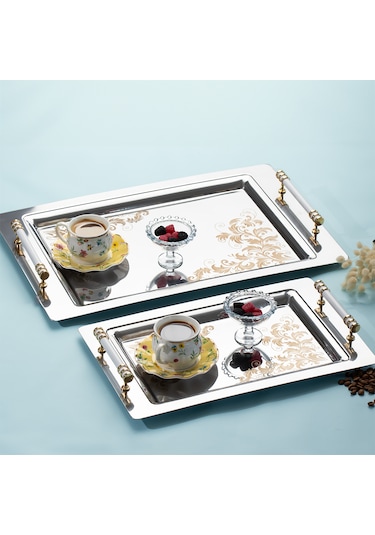 Porsima Yüzük 2li Paslanmaz Çelik Gümüş Kahve Sunum Tepsisi