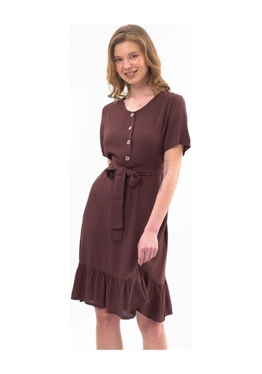 Apsen Kadın Elbise Kahve Renk Önden Düğme Detaylı Yazlık Midi Elbise 4437-105 Kahverengi