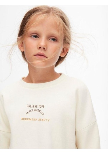 Kız Çocuk Pamuklu İki İplik Bohem Sweatshirt-14711 KREM
