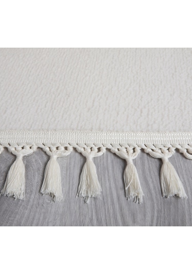 Simirna Ponpon Saçaklı Peluş Yıkanabilir Kaymaz Banyo Paspası 2'li Klozet Takımı Krem Krem