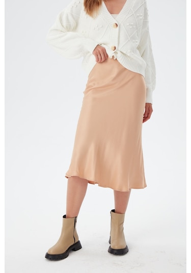 Kadın Camel Bel Lastikli Balık Saten Etek 001